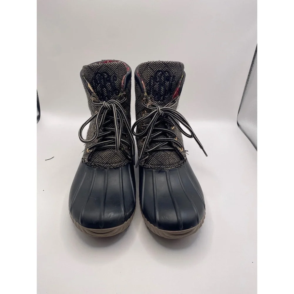 Marley Lilly Womens Herringbone Duck Boots Black Plaid Lined Ankle Rain Boots 6 - Picture 3 of 7